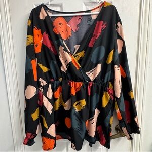 SHEIN Curve Multicolor Abstract Blouse 2XL V Neck Elastic Waist Statement Top